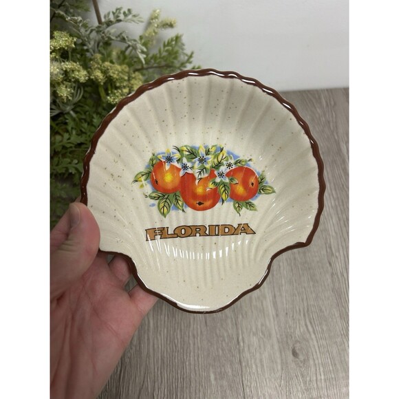 Vintage Florida Souvenir Ashtray Trinket Dish Shell Shape Oranges & Blossoms - Picture 3 of 5